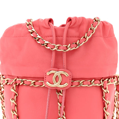 Lambskin Bucket Chain Drawstring Bag Pink
