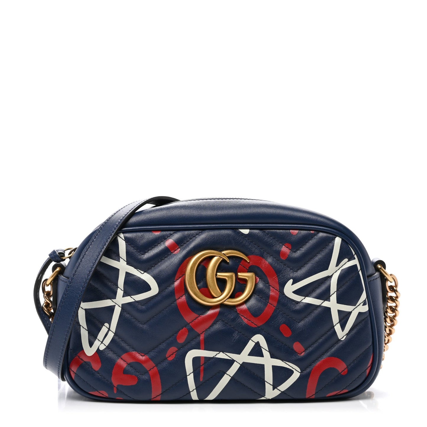 Calfskin Matelasse GucciGhost Small GG Marmont Chain Shoulder Bag Blue Agata Hibiscus Red