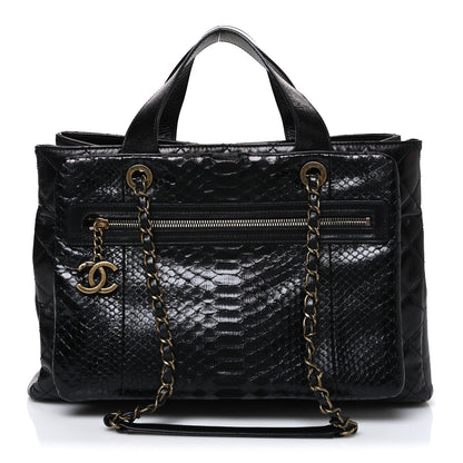 Snakeskin Glazed Calfskin Quilted Urban Mix Tote Black