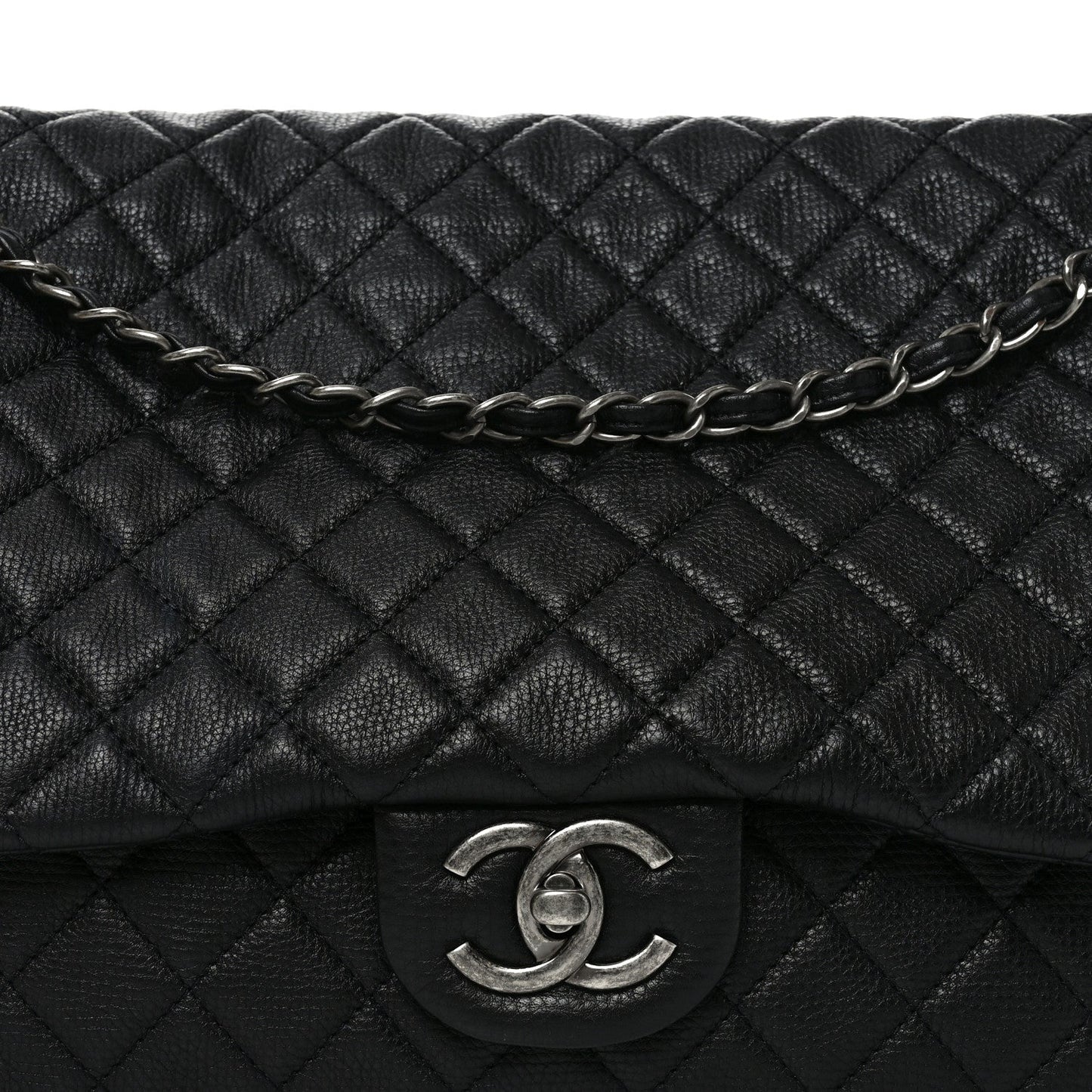 Grained Calfskin Quilted XXL Travel Flap Bag Black