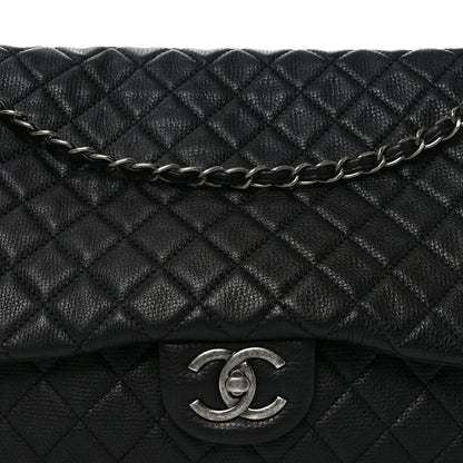 Grained Calfskin Quilted XXL Travel Flap Bag Black