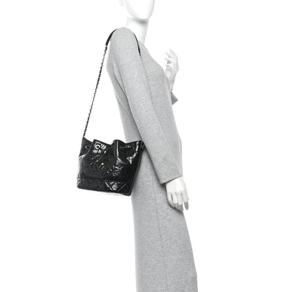 Shiny Aged Calfskin CC Chain Drawstring Bag Black