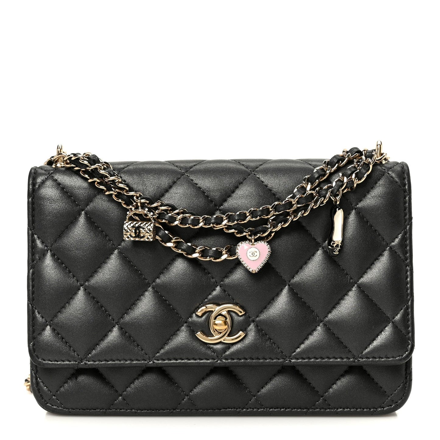 Pearly Lambskin Quilted Charms Wallet On Chain WOC Black