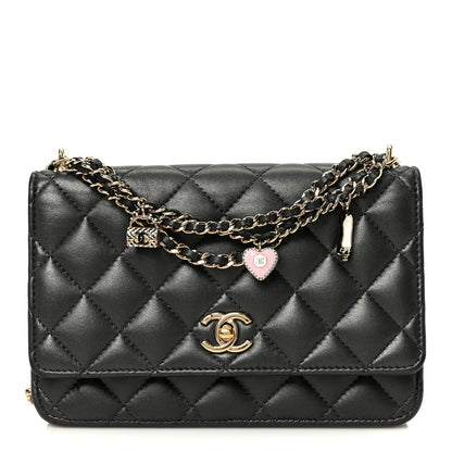 Pearly Lambskin Quilted Charms Wallet On Chain WOC Black
