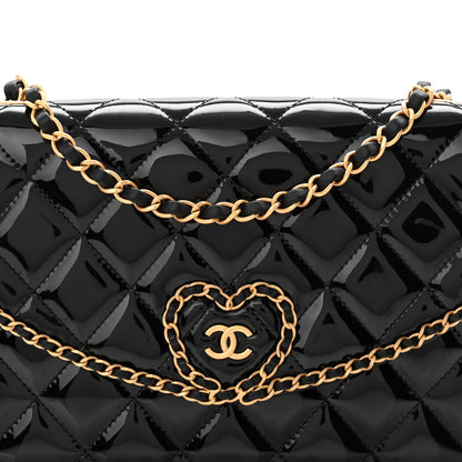 Patent Quilted Chain Around Heart Flap Black