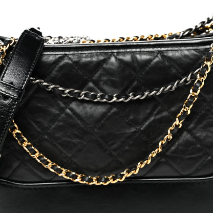 Aged Smooth Calfskin Quilted Medium Gabrielle Logo Hobo Black