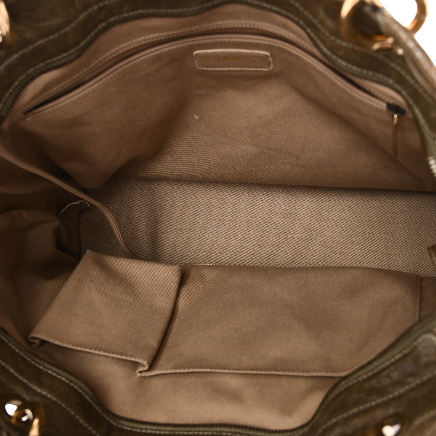Crumpled Grained Calfskin Large Coco Pleats Tote Khaki