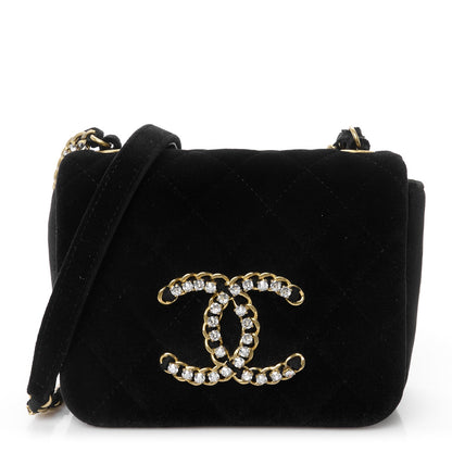 Velvet Quilted Crystal CC Mini Flap Black