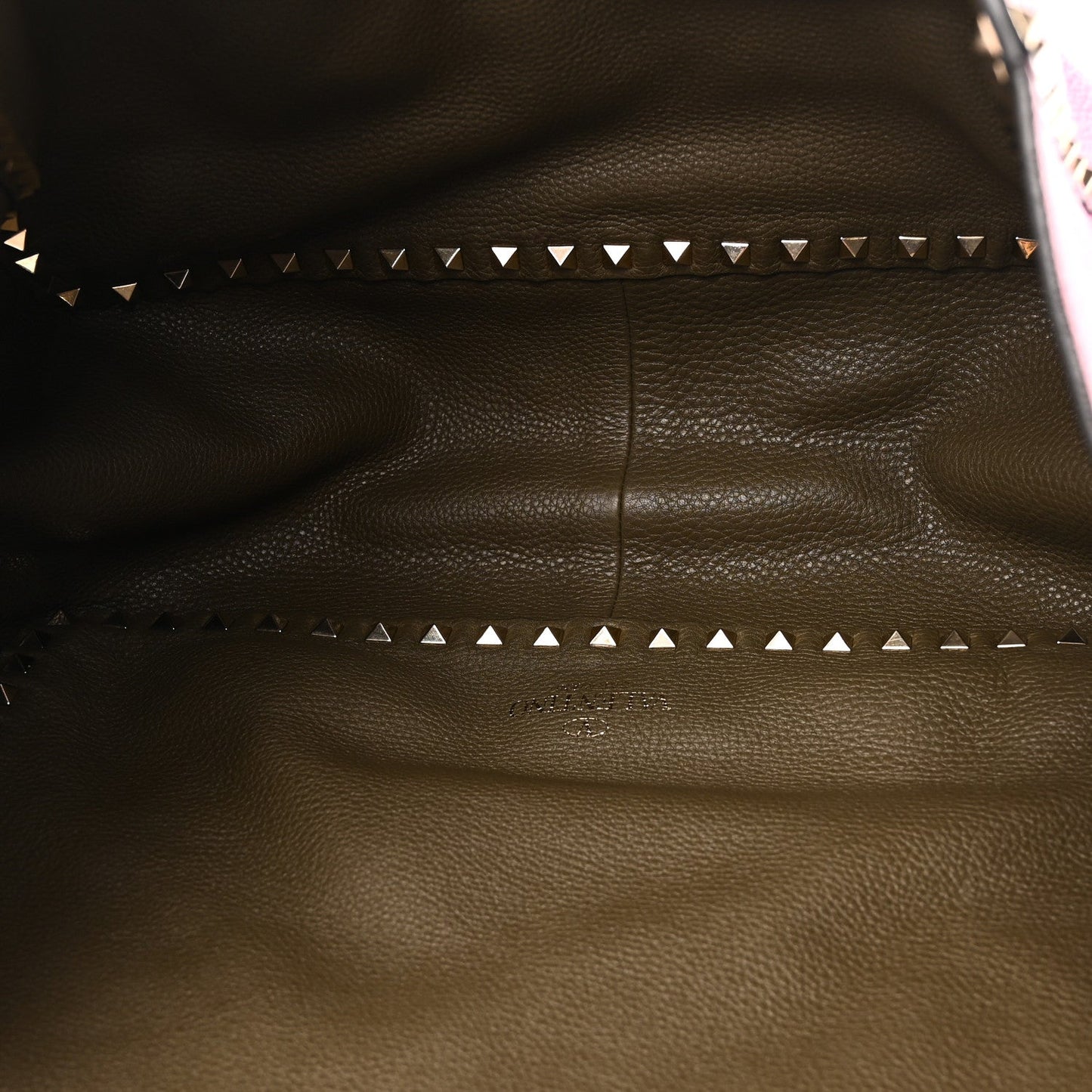 Grained Calfskin Medium Rockstud Reversible Tote Army Green Pink