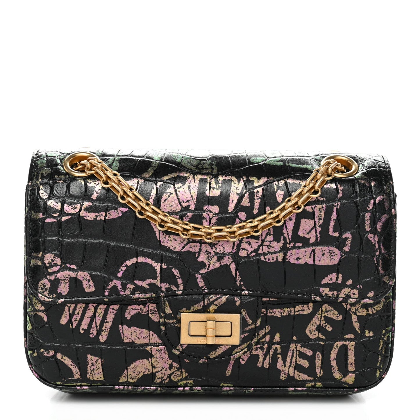 Calfskin Crocodile Embossed Graffiti 2.55 Mini Cocodile Reissue Flap Black Pink