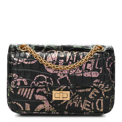 Calfskin Crocodile Embossed Graffiti 2.55 Mini Cocodile Reissue Flap Black Pink