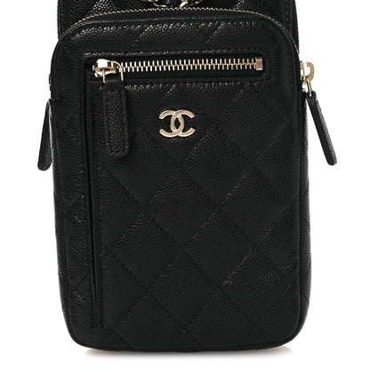 Caviar Quilted Phone Holder With Chain Black