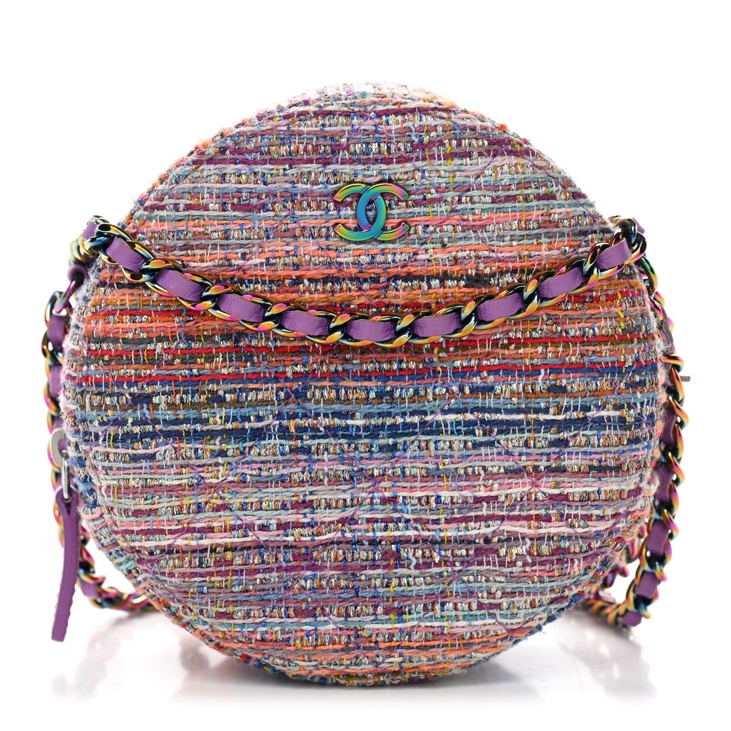 Tweed Quilted Round Clutch With Chain Blue Pink Orange