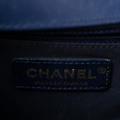 Calfskin Chevron Quilted Top Handle Flap Navy