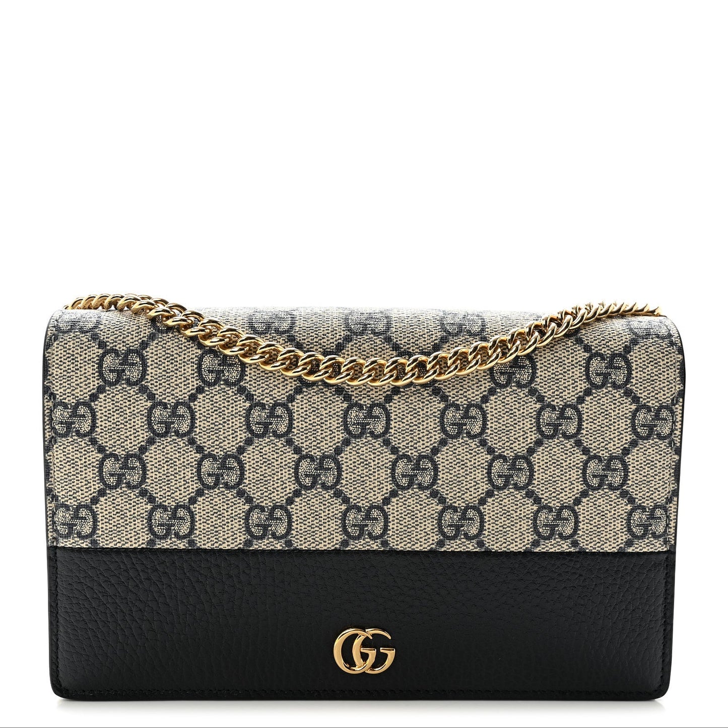 GG Supreme Monogram Textured Dollar Calfskin Mini GG Marmont Chain Wallet Beige Blue