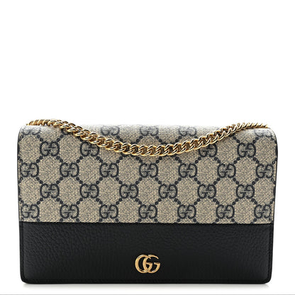 GG Supreme Monogram Textured Dollar Calfskin Mini GG Marmont Chain Wallet Beige Blue