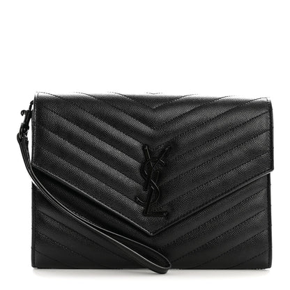 Grain De Poudre Matelasse Chevron Monogram Monochrome Envelope Clutch Black