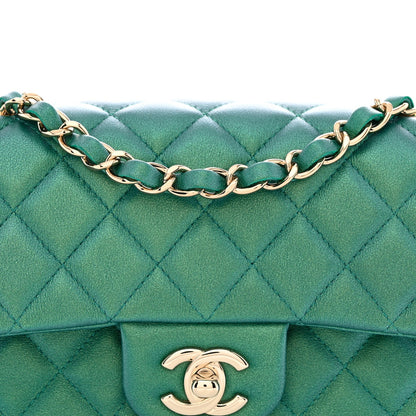 Iridescent Lambskin Quilted Mini Rectangular Flap Green