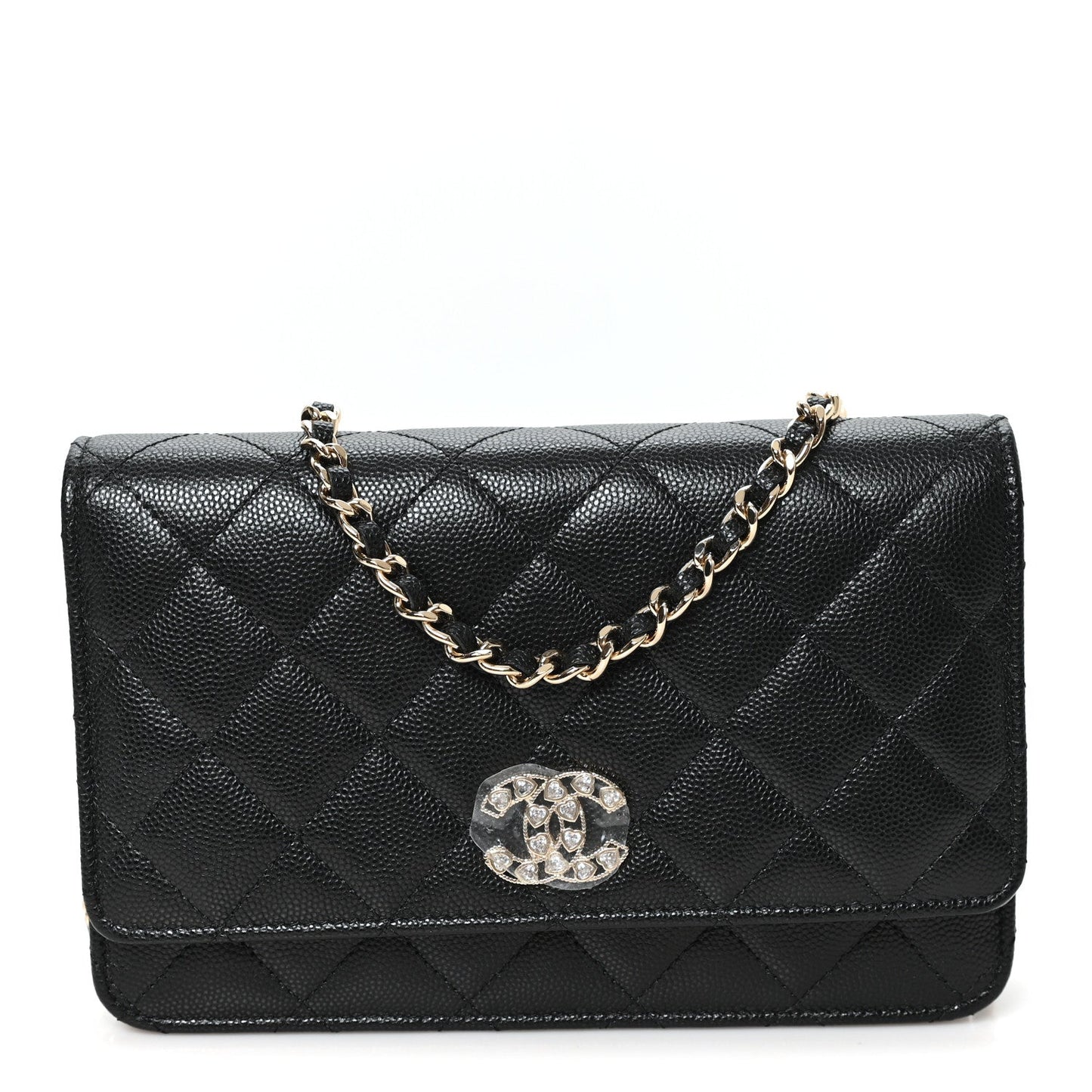 Caviar Quilted Crystal Heart CC Wallet On Chain WOC Black