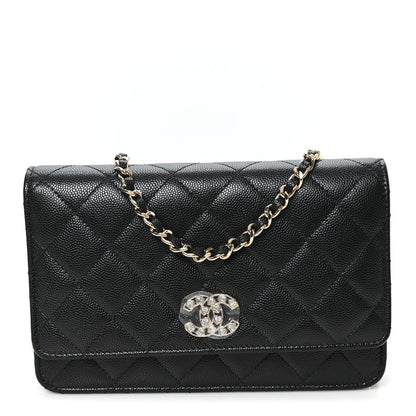 Caviar Quilted Crystal Heart CC Wallet On Chain WOC Black