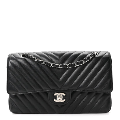 Caviar Chevron Quilted Medium Double Flap Black