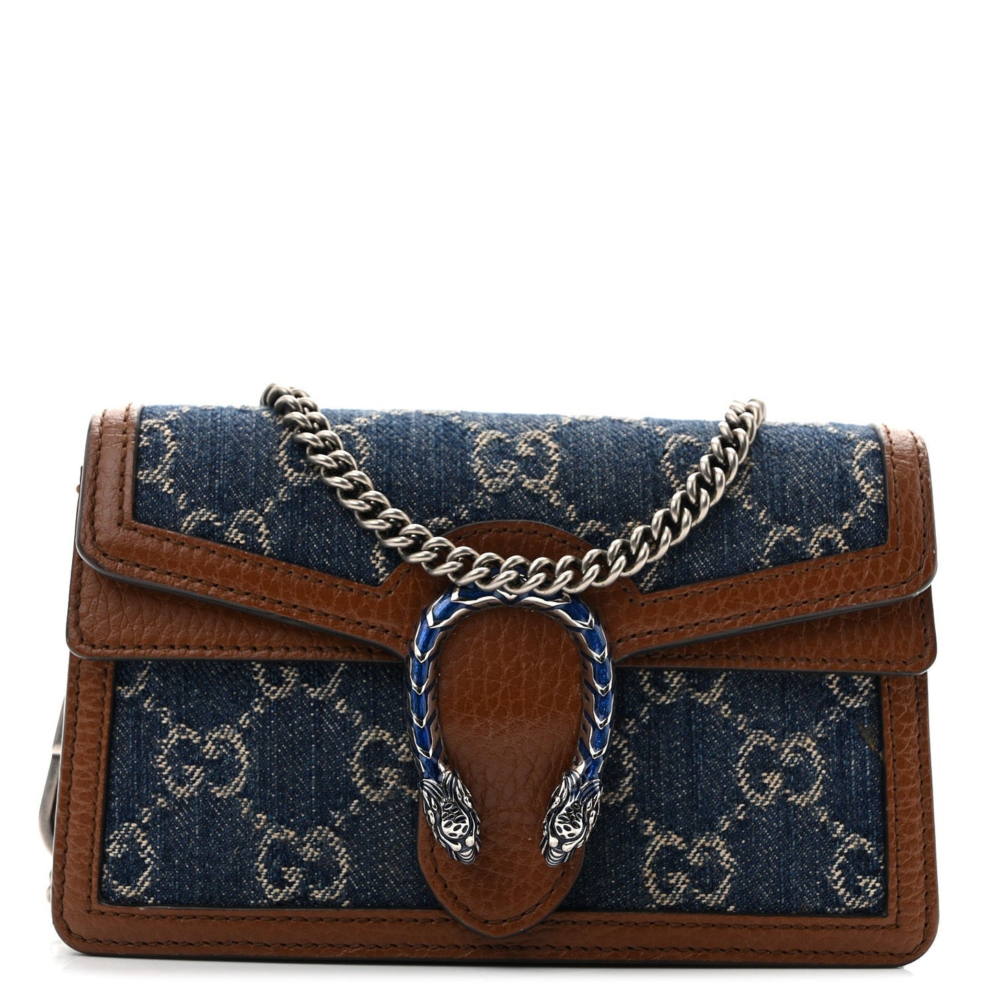 New Denim GG Monogram Dollar Calfskin Enamel Super Mini Dionysus Shoulder Bag Blue Tea Cuir Epilog Electric Blue