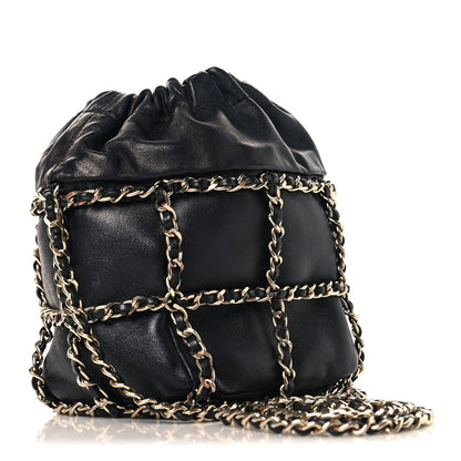 Lambskin Bucket Chain Drawstring Bag Black