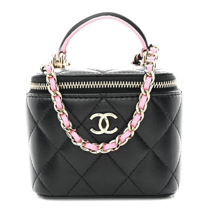 Lambskin Quilted Top Handle Mini Vanity Case With Chain Black Pink