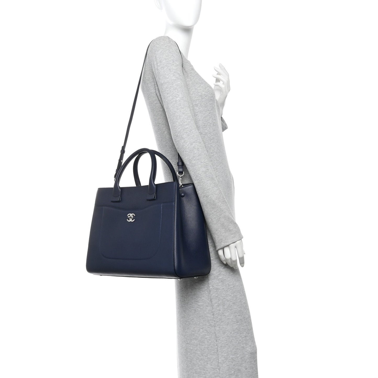 Grained Calfskin Medium Neo Executive Shopper Tote Dark Blue