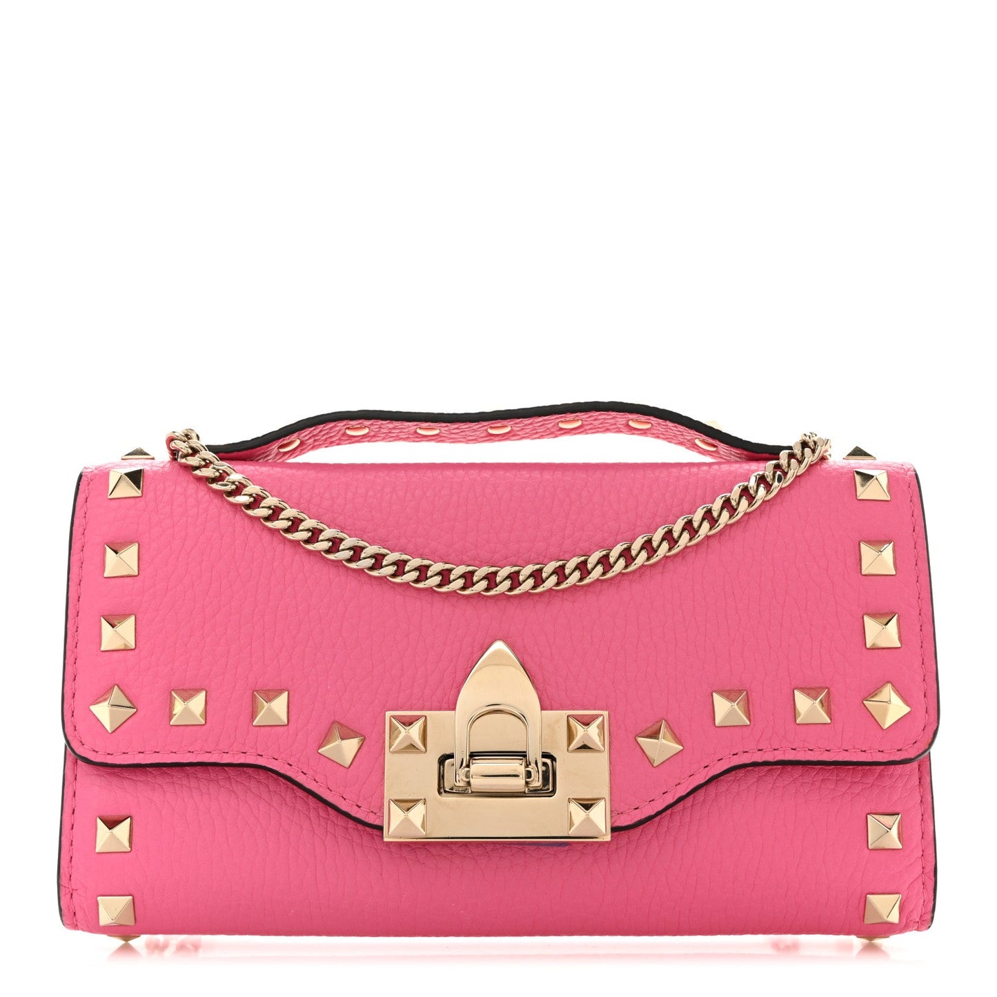 Pebbled Calfskin Rockstud Flip Lock Wallet On Chain Feminine Pink