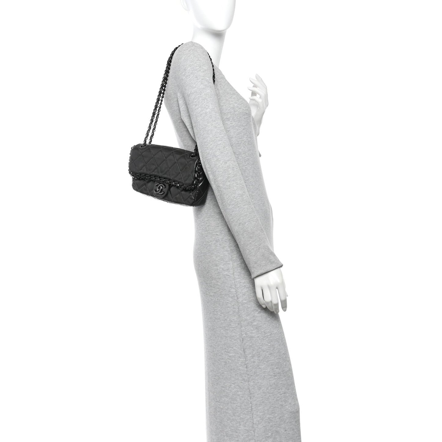 Metallic Calfskin Quilted Chain All Over Flap Bag Grey
