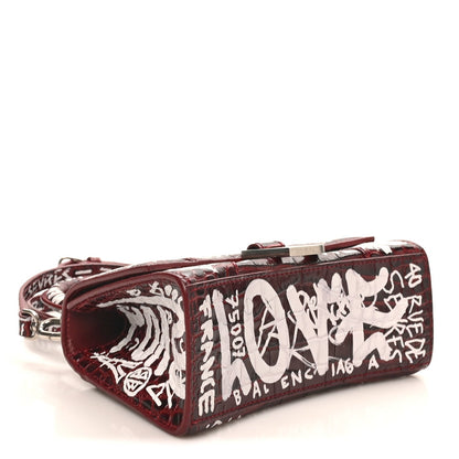 Crocodile Embossed Calfskin Graffiti Hourglass Top Handle Bag XS Dark Red White