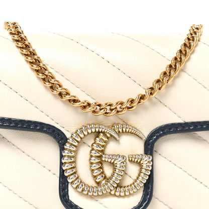 Vintage Effect Calfskin Matelasse Diagonal Super Mini Torchon GG Marmont Shoulder Bag Mystic White Blue Agata