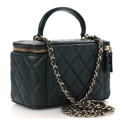 Iridescent Lambskin Quilted Small Top Handle Vanity Case With Chain Green