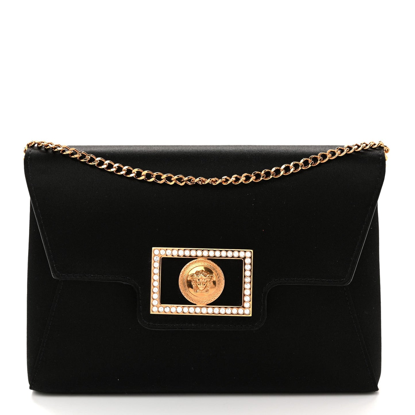 Satin Crystal La Medusa Pouch On Chain Black