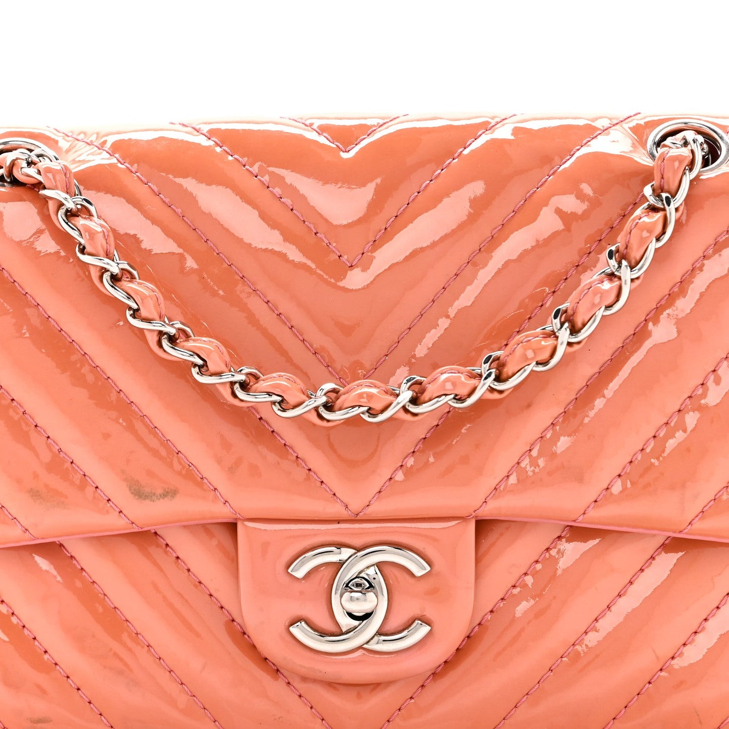 Patent Chevron Quilted Medium Single Flap Pink