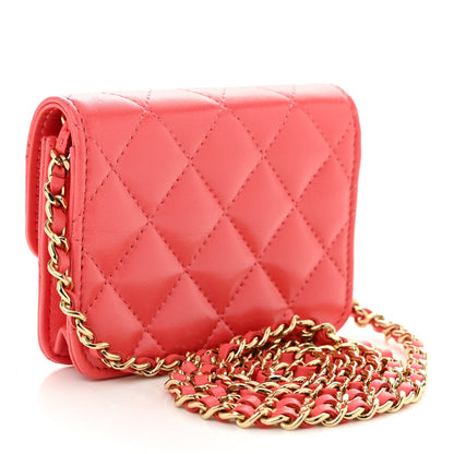 Shiny Lambskin Quilted Card Holder On Chain Pink