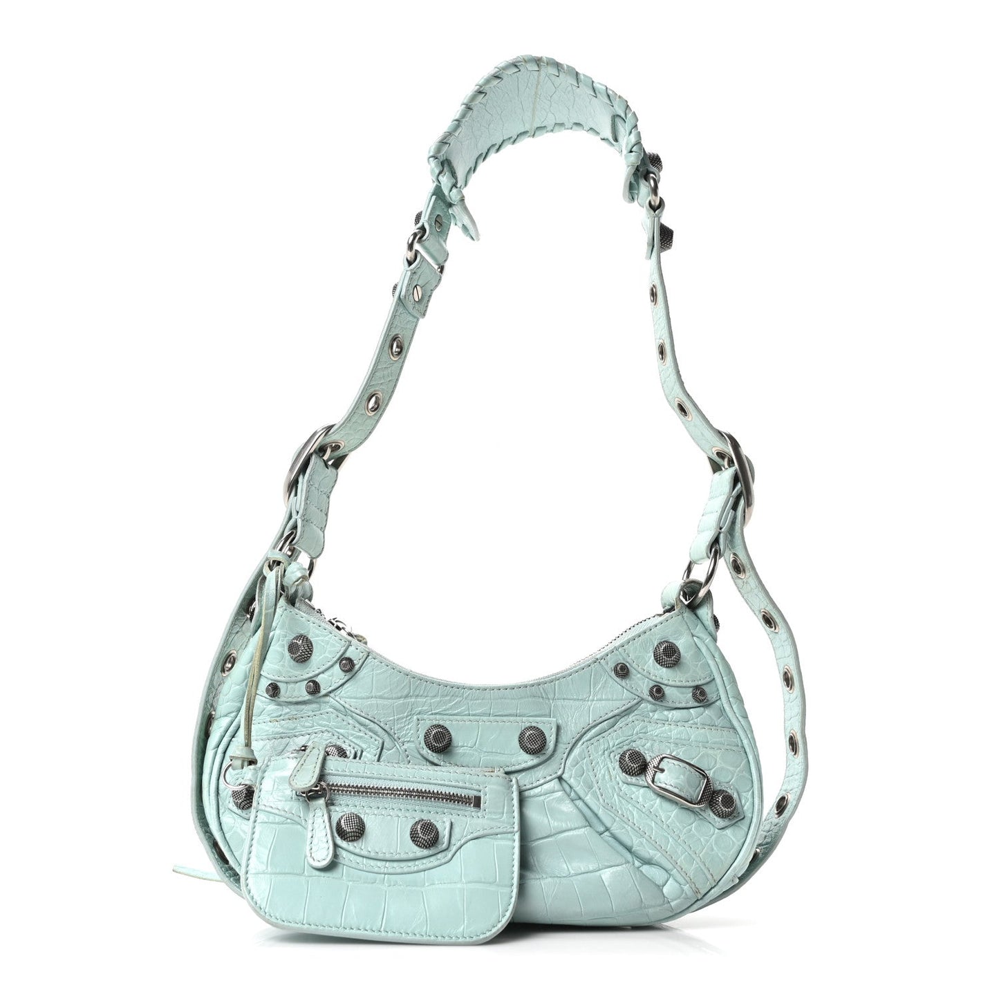 Extra Supple Calfskin Crocodile Embossed Le Cagole Shoulder Bag XS Green Acqua
