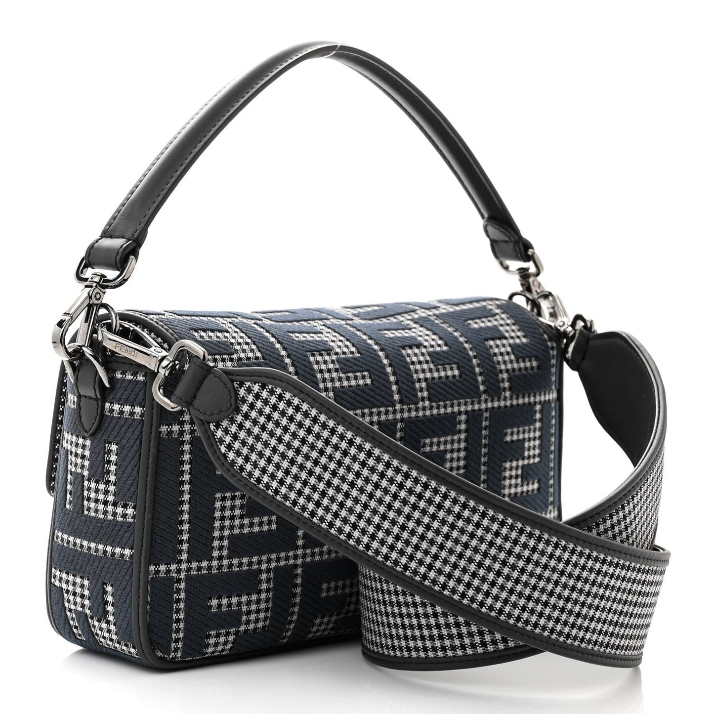 Wool Vitello King Houndstooth FF Embroidered Baguette Grigio Anthracite