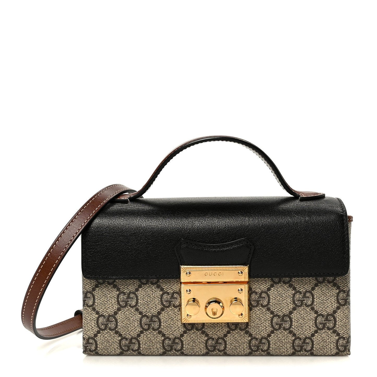 GG Supreme Monogram Calfskin Mini Padlock Top Handle Shoulder Bag Beige Black Cuir