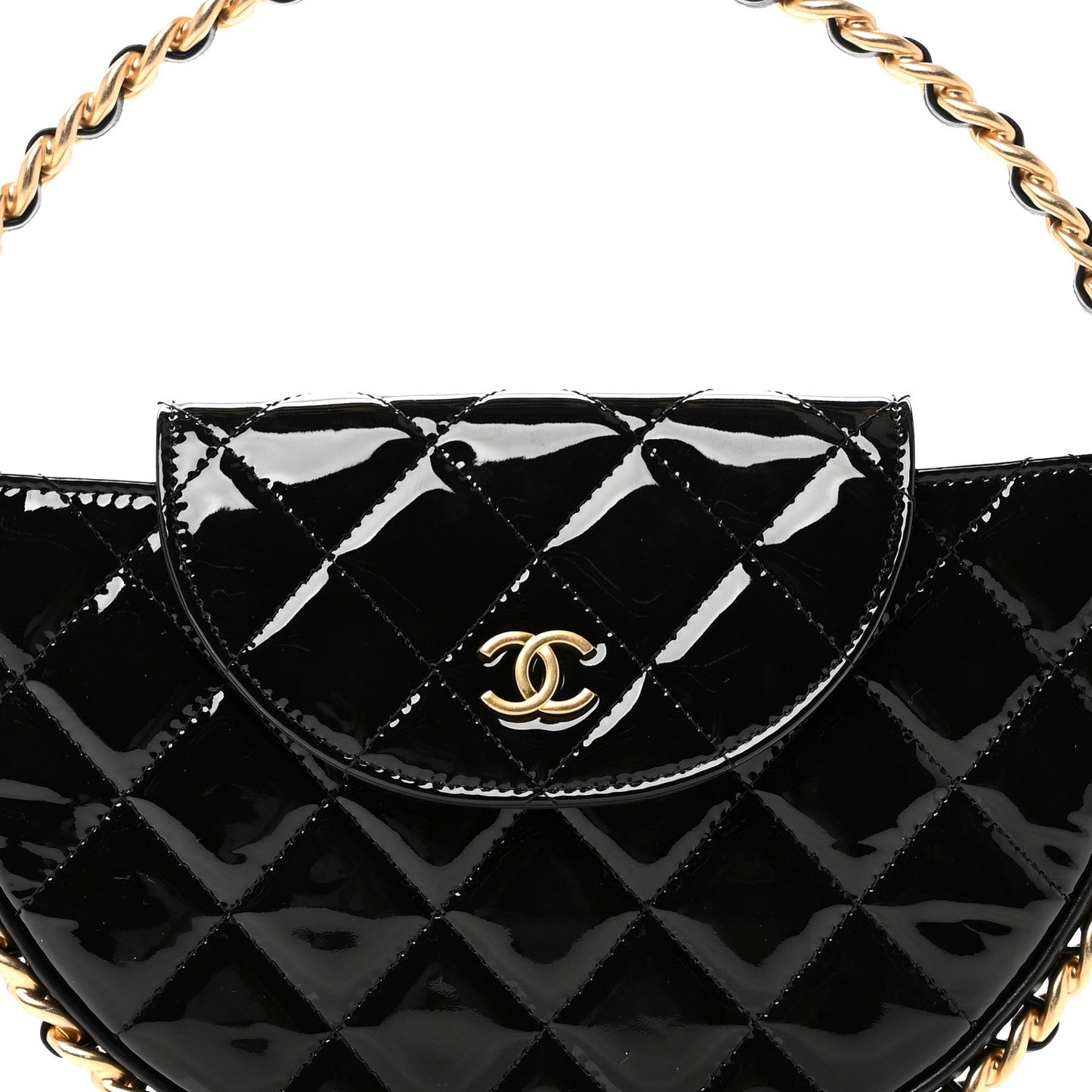 Patent Calfskin Quilted Chain Hoop Bag Black