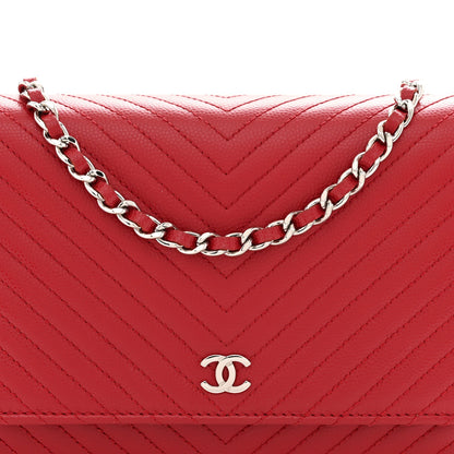 Caviar Chevron Quilted Wallet On Chain WOC Dark Red