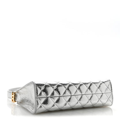 Metallic Crackled Calfskin Quilted Hobo Silver
