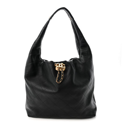 Calfskin Quilted Maxi Hobo Black
