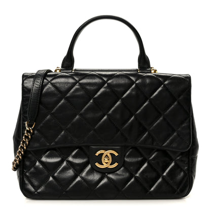 Glazed Calfskin Quilted Large Gold Bar Top Handle Flap Black