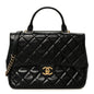 Glazed Calfskin Quilted Large Gold Bar Top Handle Flap Black