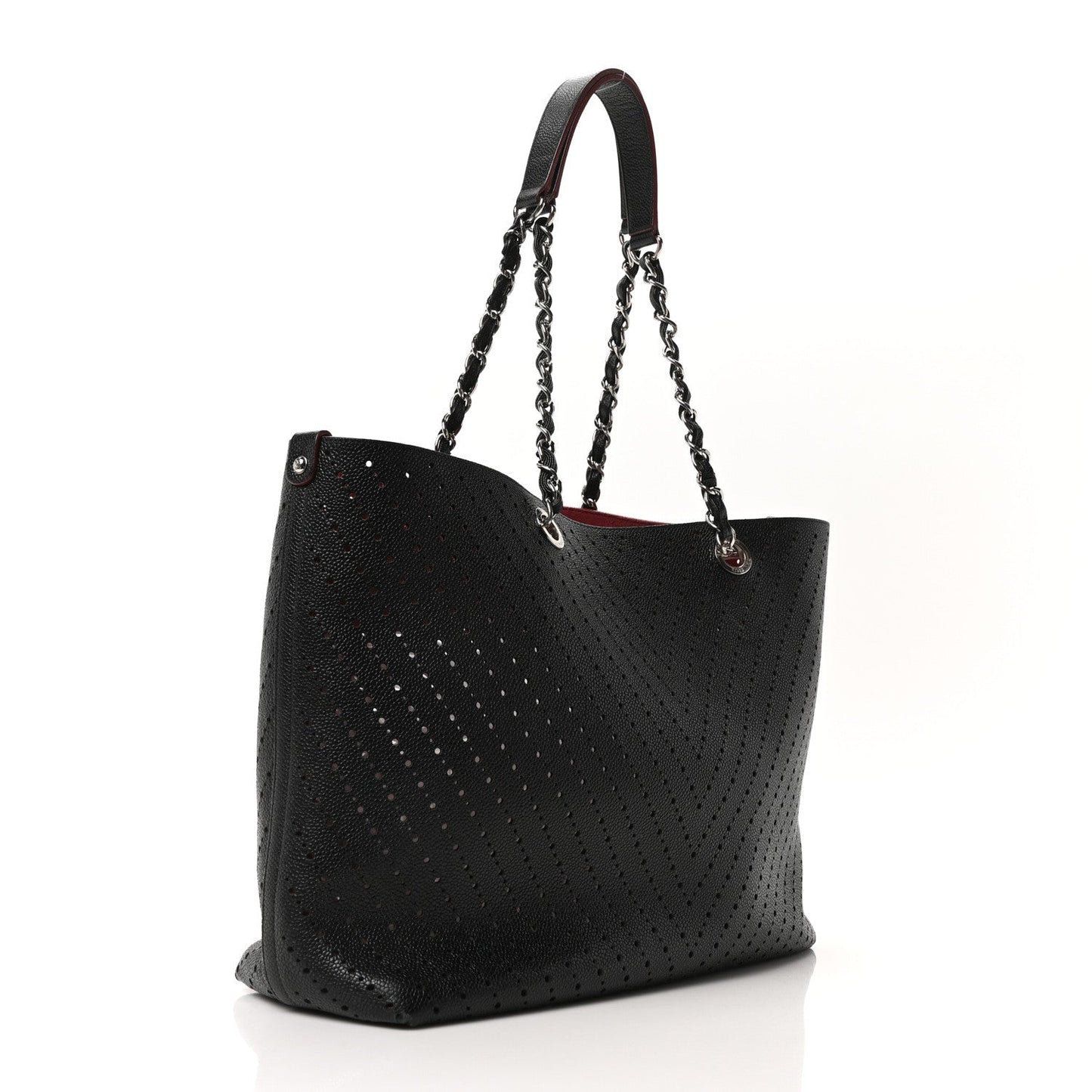 Perforated Grained Calfskin Large Shopping Tote Black
