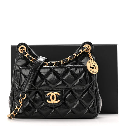Shiny Crumpled Calfskin Quilted Small Wavy CC Hobo Black