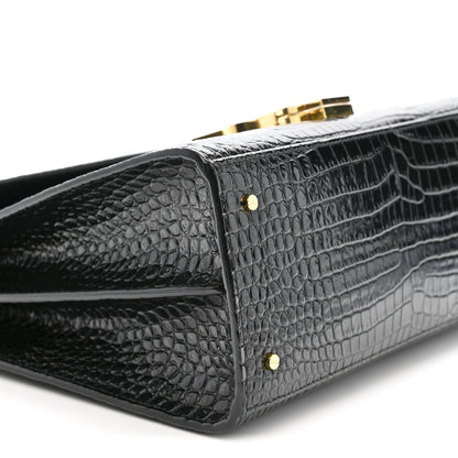 Calfskin Crocodile Embossed Medium Classic Monogram Cassandra Top Handle Black