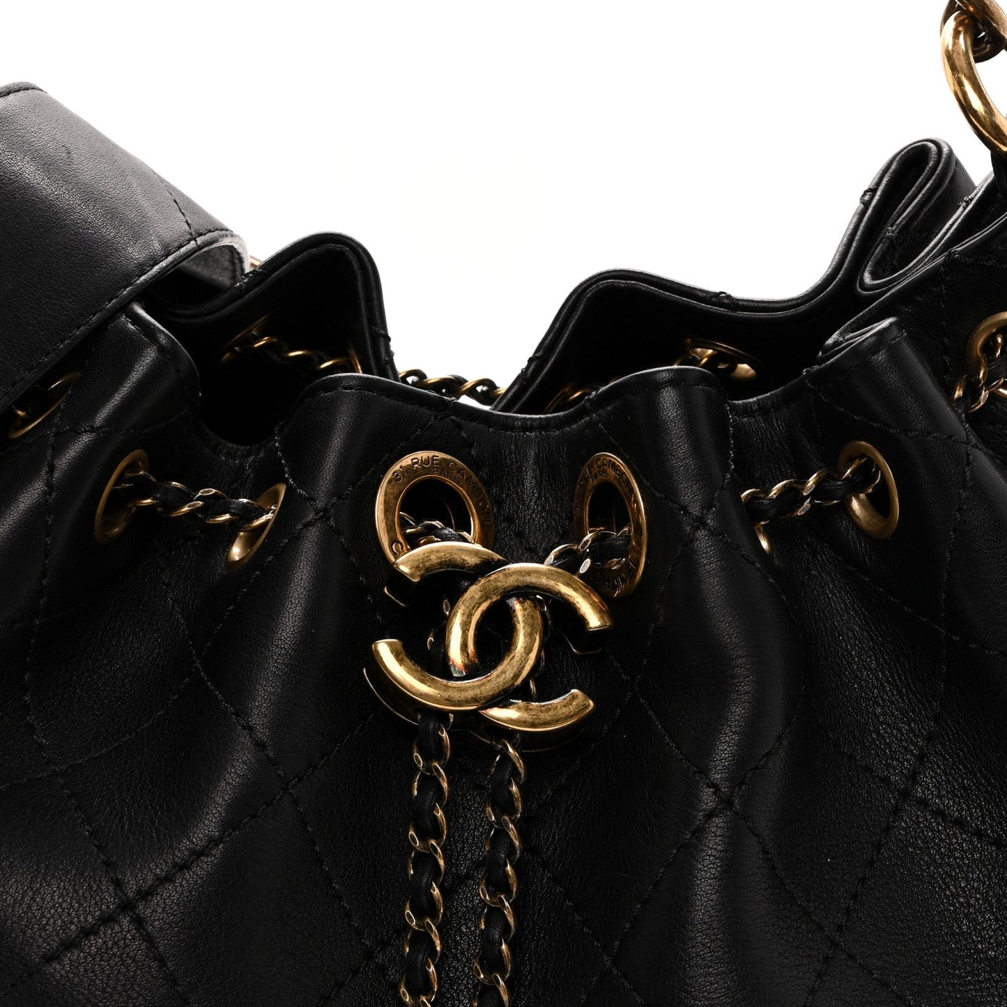 Calfskin Stitched Small Paris Rome Drawstring CC Bag Black